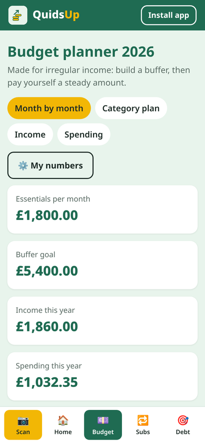 QuidsUp budget planner, month by month