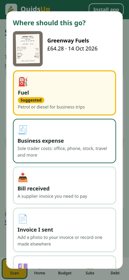 Choosing where a scanned receipt should go