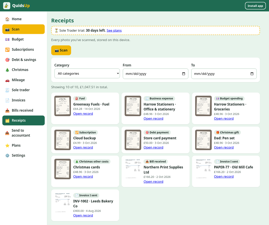 Gallery of scanned receipts
